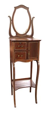 Antique 6 ft. shaving stand with mirror, mahogany & inlaid 2 drawers & 1 door, structurally sound &