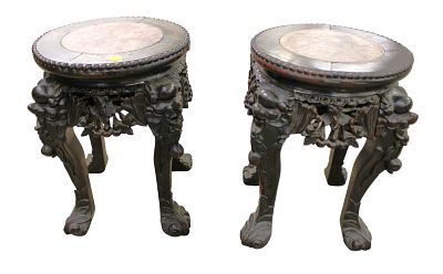 Pair Antique Asian hardwood plant stands, structurally sound & good condition, 12" diameter x 15"h.