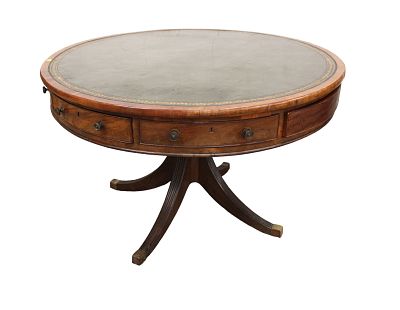 English Antique burl mahogany leather top rent table, structurally sound with age wear, with 2