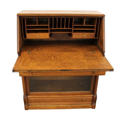 Antique oak s/f desk on Barrister style bookcase base, structurally sound & good condition, good.