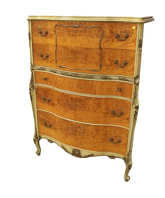 Antique French style high chest, satinwood painted frame, original finish, believed sold Romweber.