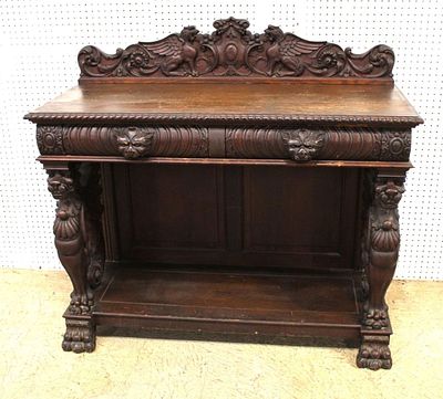 Wing Griffin Antique Oak Server with Splash. Antique oak highly carved wing griffin 2 draw