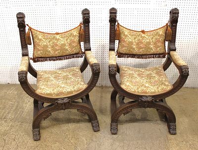 Pair Antique Oak X-Frame Chairs. Pair antique highly carved oak x-frame base arm chairs, orig.