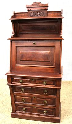Antique Victorian Slant Front Ladies Desk with Key. Antique Victorian walnut slant front ladies