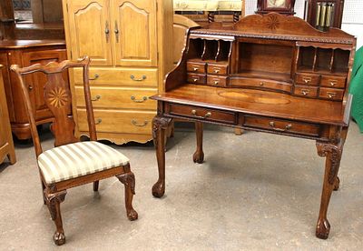 Contemporary Mahogany Desk and Chair. 2pc. Contemporary mahogany carved ball and claw desk with