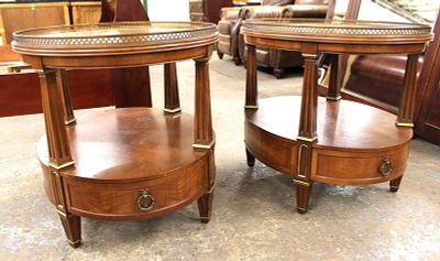 Pair Vintage Henredon Oval Tables. Pair of Vintage Henredon oval burl walnut and brass galleried
