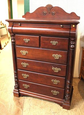 Contemporary 7 Drawer High Chest with Splash. Contemporary mahogany finish 7 drawer high chest