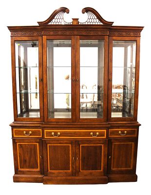 Stickley solid cherry 2 piece 4 door china buffet cabinet, lighted with beveled glass and glass