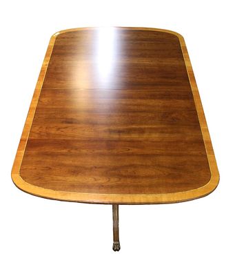 Stickley solid cherry dining room table (2) 15" skirted leaves, satinwood banding, custom table pads