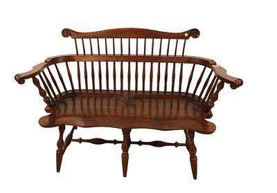 Virginia Craftsman solid cherry windsor comb back double seated bench, in good condition