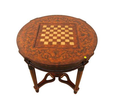 Beautiful 34" round decorated game table, chess, checkers and backgammon, 2 drawers and pull