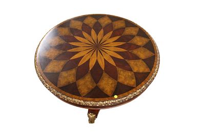 Maitland Smith 40" round center table with fancy sunburst top and carved edge on nice base with