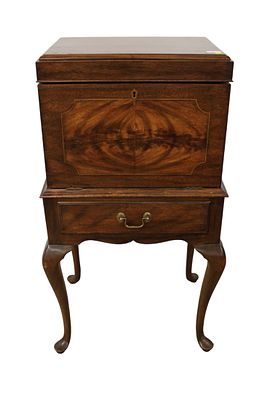 Henkel Harris burled mahogany drop front 1 drawer lift top silver chest, in good condition