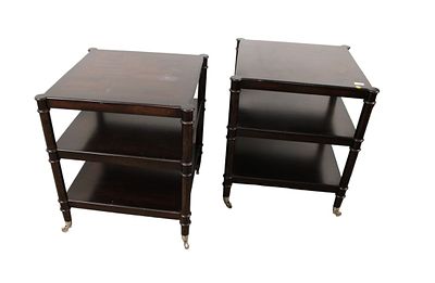 Pair of Baker Furniture Milling Road burled mahogany 3 tier lamp tables made in Italy, in good