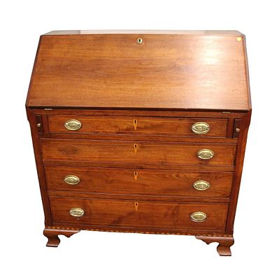 Antique solid walnut slant front federal desk with dovetail top, pencil inlay, in good