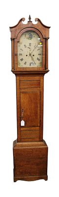 Antique oak tall case grandfather clock with weights, case is structurally sound, glass does