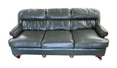 Leathercraft green leather sofa, with industrial tacking, 3 cushion. Leathercraft 3 cushion