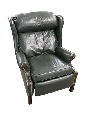 Leathercraft green leather recliner with industrial tacking, in good condition, structurally