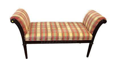 Window bench, even arm. mahogany frame country plaid upholstery. Even arm mahogany frame window