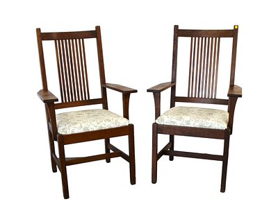 Pair Stickley solid cherry arm chairs, original finish. Pair of Stickley solid cherry arm chairs