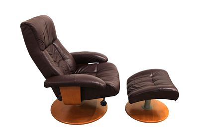 Modern 2pc leather lounge chair & ottoman, reclining with teak finish bases. Modern design 2