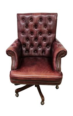 Button tuft swivel office chair, leather like, with industrial tacking, with some patina wear. L
