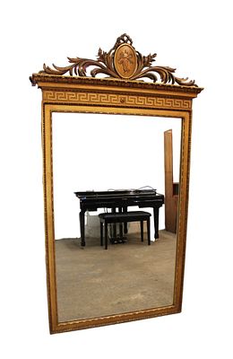 Gold Italian decorator mirror semi antique in the wood frame, original, small loss on figure
