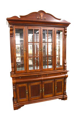 Contemporary 2 piece china buffet with beveled glass, mahogany, glass shelves, and lighted, 4 door.