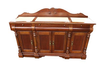 Mahogany buffet with back splash, marble inserted, 3 drawer 4 door. Mahogany 3 drawer 4 door