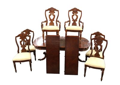 7pc mahogany dining room set: table with 6 chairs, table with 2 15" skirted leaves. 7pc mahogany