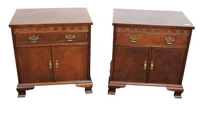 Pair Baker bedside night stands, banded, burl mahogany, 1 drawer 2 door. Pair of Baker banded 1 