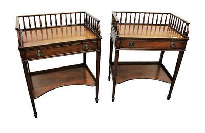 Pair Sahon Furniture NY, stands, quality solid mahogany burl, 1 drawer with high top galleries. P 