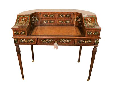 Maitland Smith leather top Carlton desk, beautiful solid mahogany and banded paint decorated with. 