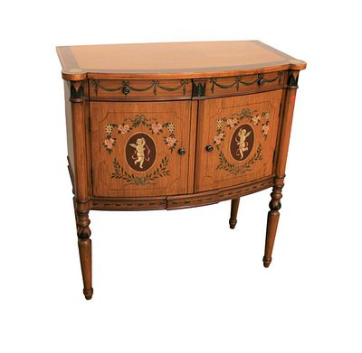 Paint decorate chest, satinwood 2 drawer 1 door in the manner of Maitland Smith. Paint decorated 