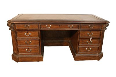 Sligh Furniture Ellis Collection executive desk in walnut distressed finish, leather top and. Sl 