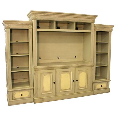 Romweber 4 part wall unit bookcase, country paint decorated, fluted columns and raised door and 