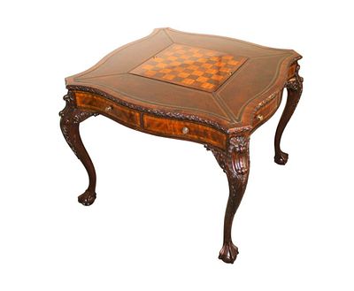 Quality game table, like new condition, in the manner of Baker Furniture, reversible game leather. 