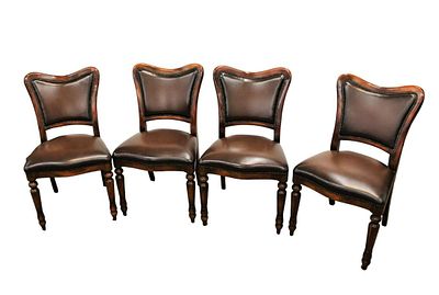 Set 4 Theodore Alexander chairs, leather and mahogany industrial tacked, like new condition. Theo 