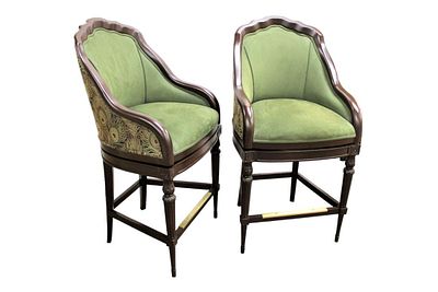 Quality pair swivel barreled bar stools, like new good condition, upholstered, mahogany finish. 