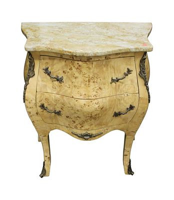 French style serpentine front chest, birdseye maple, 2 drawer, marble top, applied bronze, good 
