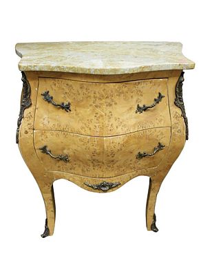 French style serpentine front chest, birdseye maple, 2 drawer, marble top, applied bronze, good 