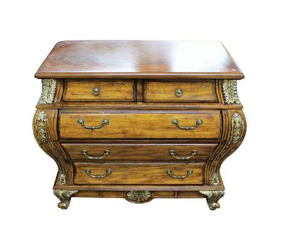 French style decorator chest, bombay style, mahogany finished, walnut with decorative carvings, 5. 