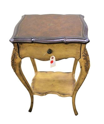 Maitland Smith lamp table stand, in the distressed finish with leather top, 1 drawer, carved corners