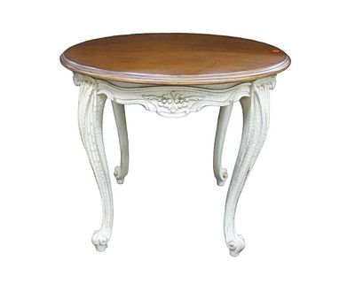 PAM.A. Parma round lamp table stand, cherry finish top, with painted distressed finished base in. 