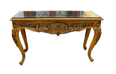 Beautiful marble top console, in the manner of Maitland Smith, mahogany framed and carved, banded,
