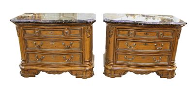 Marge Carson pair over sized bedside night stands, quality marble top 3 drawer carved, light walnut