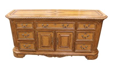 Nice Marge Carson quality dresser, 7 drawer, 2 door, leather top, in the light walnut finish. Ni 