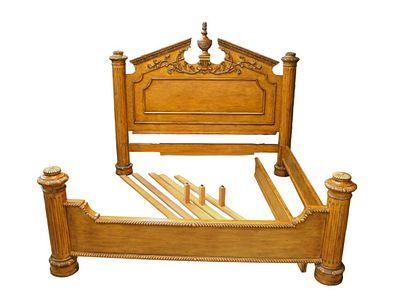 Marge Carson king or california king, adjustable double slotted, impressive, carved light walnut. 