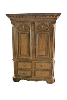 Marge Carson carved armoire in the light walnut finish, quality 2 piece, 2 door, 4 drawer, this is
