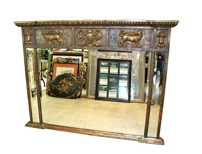 LaBarge mirror, made in Italy, beveled decorator hanging wall mirror with lion and shield. LaBarg 
